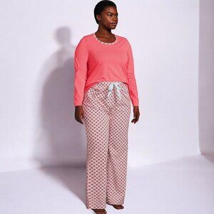 Womens Knit Pajama Set Lands End Coral Top Patterned Pants NEW Size 2XL